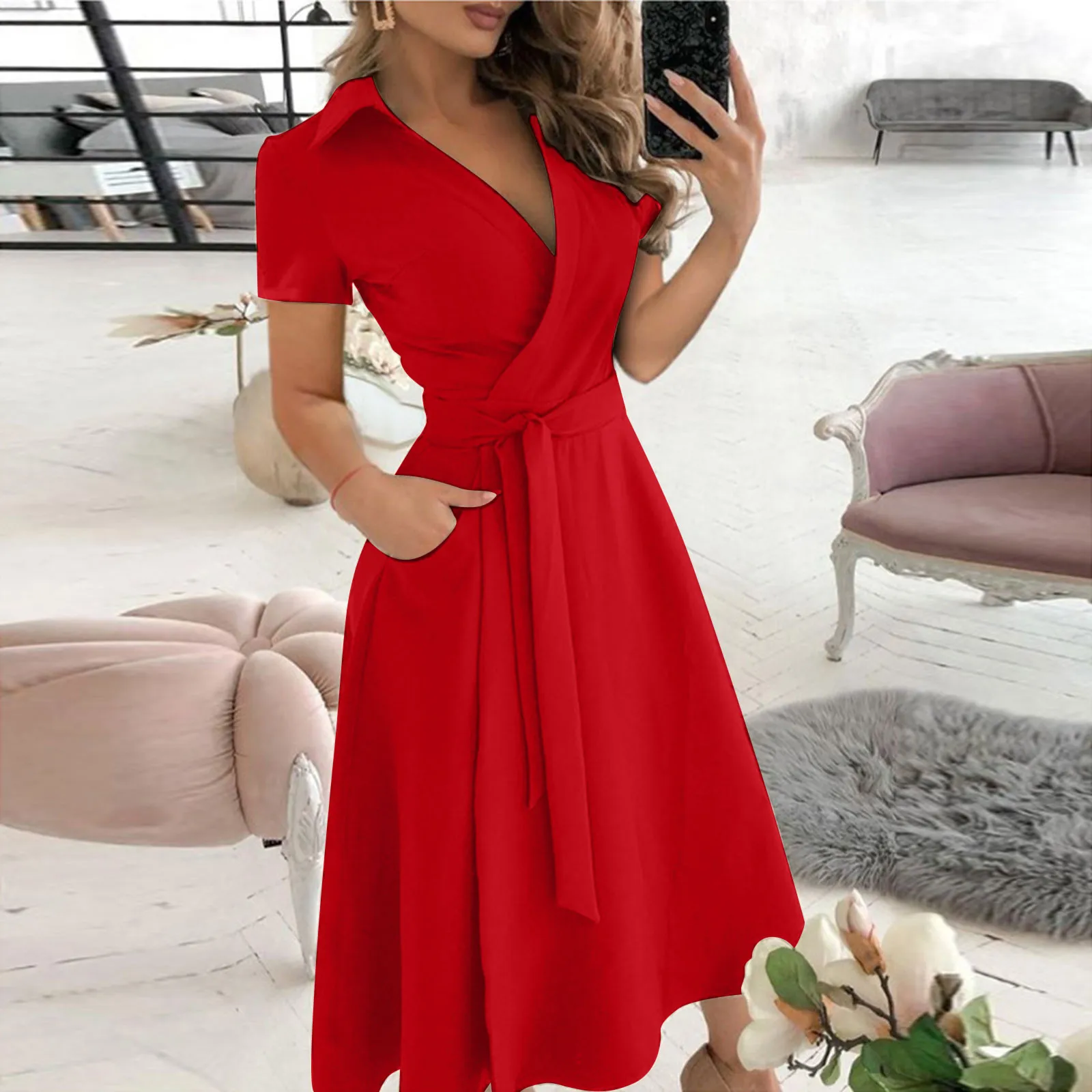 Women'S Red Formal Wear - Abito da ufficio con volant moda