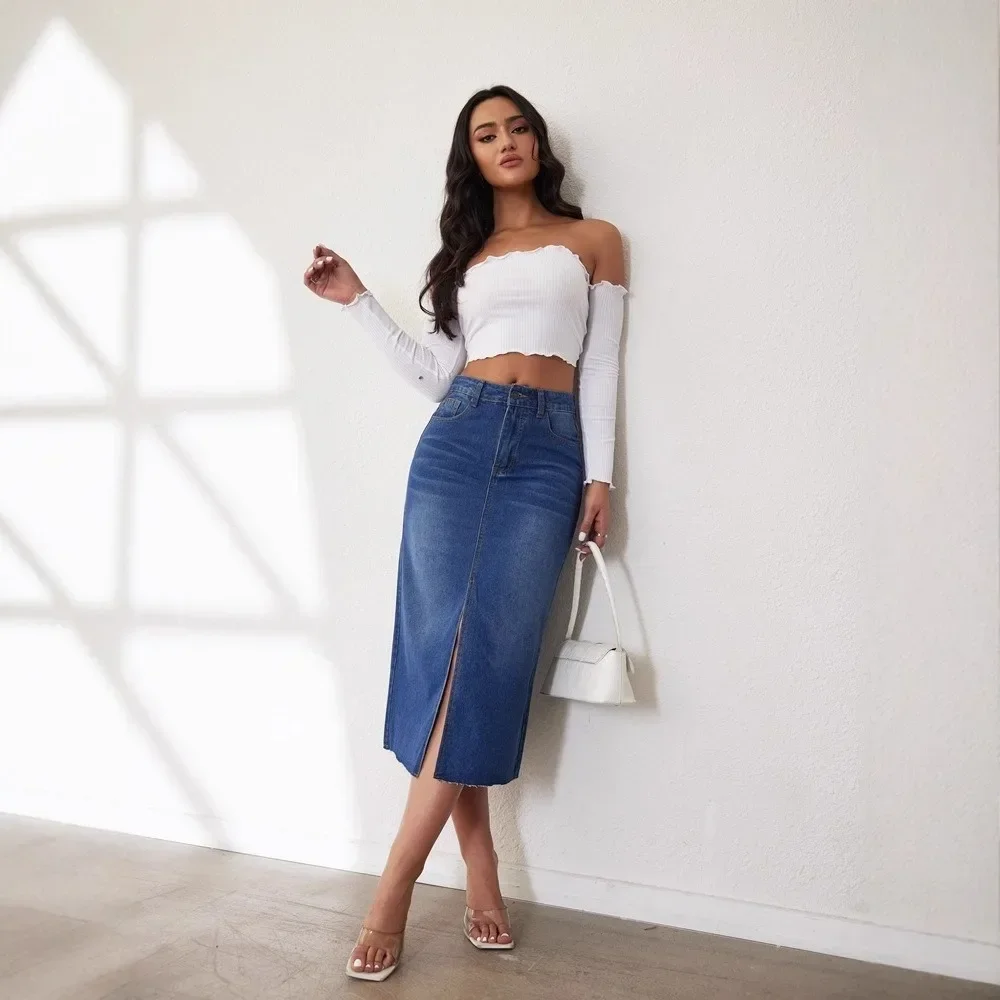 Formal Skirt - Gonna midi in denim da donna,